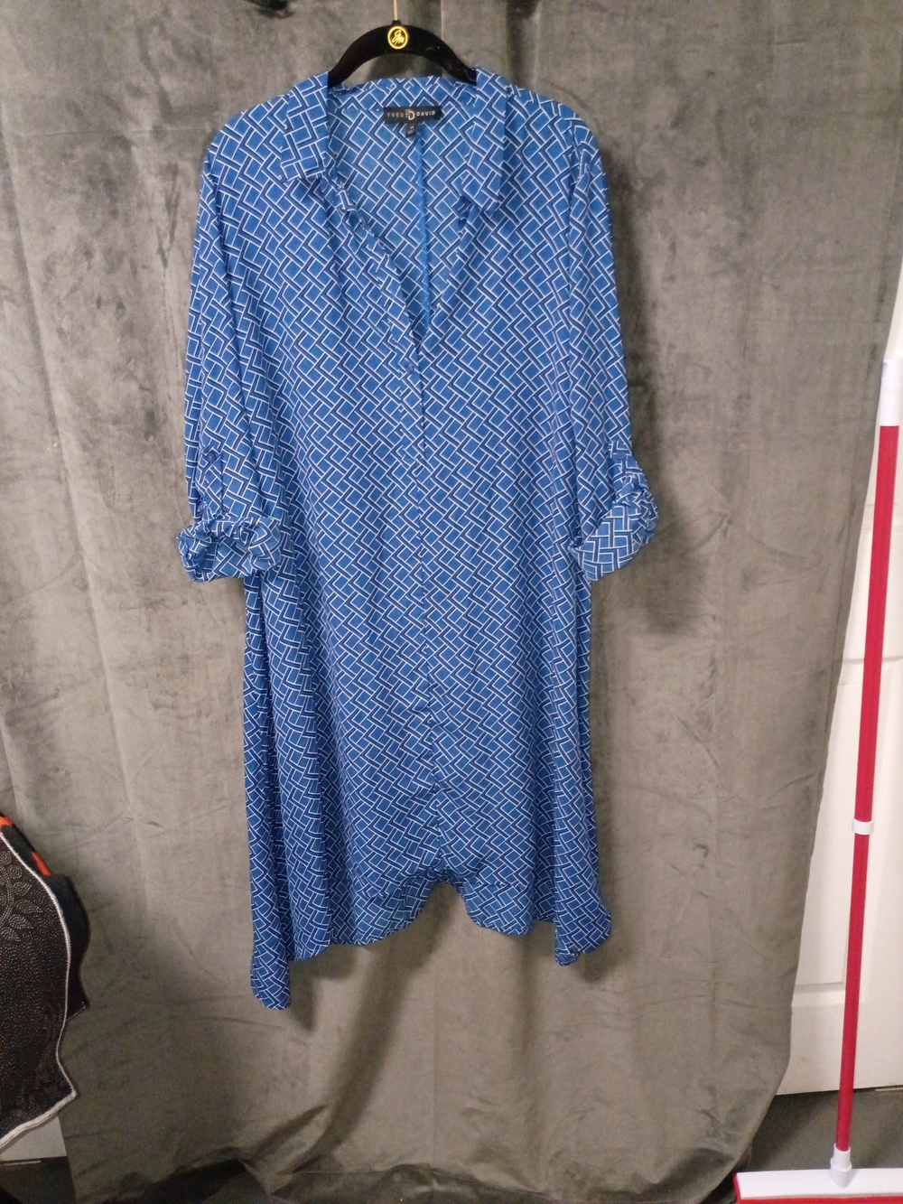 Fred David Blue Geometric Midi Shirt Dress Size 2X NWOT P2P 24.5in.